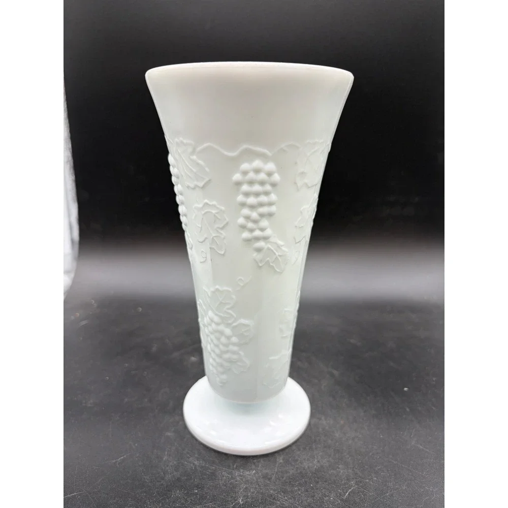 Vintage Milk Glass Vase White Embossed‎ Grape Harvest Pattern Pedestal Base